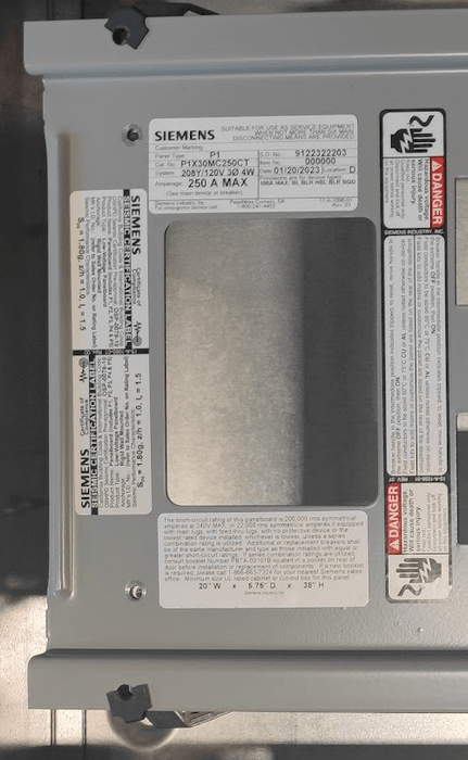 PANELBOARD SIEMENS, 250 AMP, 208Y/120V, MLO, 3PH/4W, 30Sp, Box + NEMA 1 Cover, 38 Inch, P1X30MC250CT