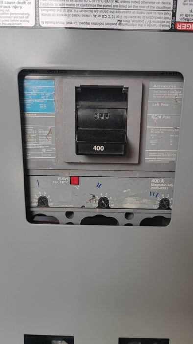 PANELBOARD SIEMENS, 400 AMP, 240V/120V, w/ USED MAIN Breaker, 1PH/3W, 30Sp, SINGLE PHASE, Enclosure Cover, 62 Inch, P1A30MC400AT