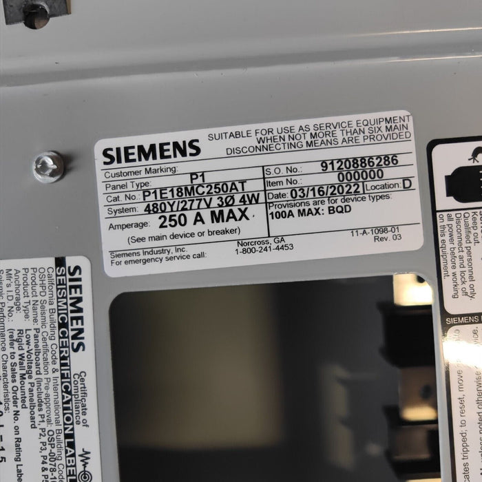 PANELBOARD SIEMENS, 250 AMP, 480/277V, MLO, 3PH/4W, 18Sp, NEMA 3R/12, 32 Inch, P1E18MC250AT
