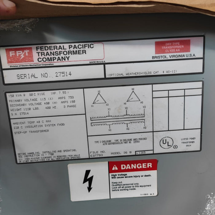 Transformer Federal Pacific 36B, 150 kVA, 3PH, 208/115V, 480/277V