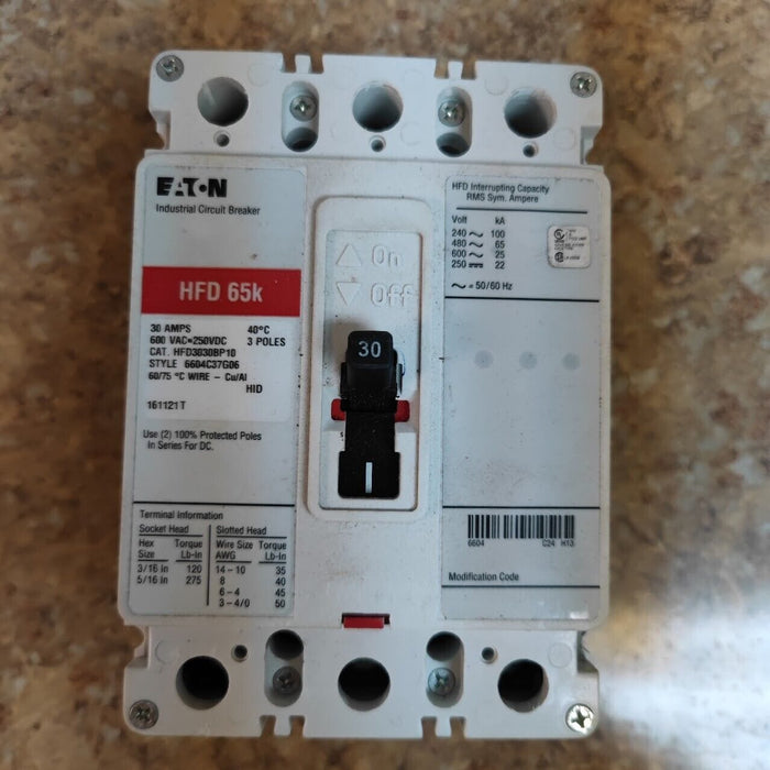 EATON HFD3030BP10 3 Pole 3 Phase 600V 30 Amps Breaker HFD 65k