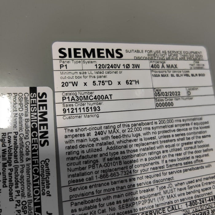 PANELBOARD SIEMENS, 400 AMP, 240V / 120V, MLO, 1PH/3W, 30Sp, SINGLE PHASE, Box + Cover, 62 Inch, P1A30MC400AT