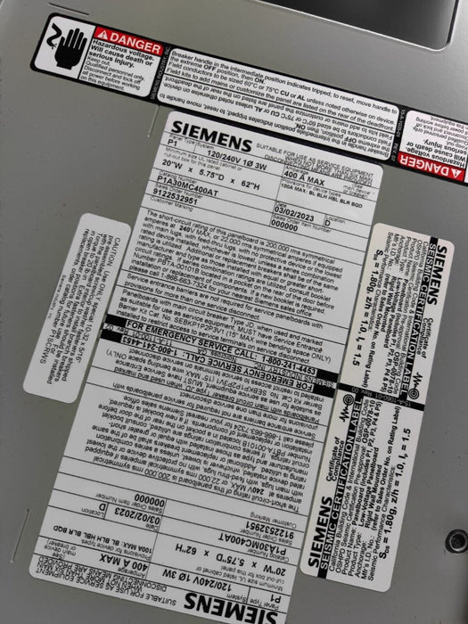 PANELBOARD SIEMENS, 400 AMP, 240V 120V, MLO, 1PH/3W, 30Sp, SINGLE PHASE, NEMA 3R Enclosure, 62 Inch, P1A30MC400AT
