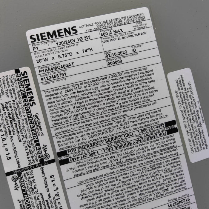 PANELBOARD SIEMENS, 400 AMP, 240/120V, MLO (w/ USED MAIN Breaker), 1PH/3W, 54Sp, NEMA 1 Indoor, 74 Inch, P1A54MC400AT