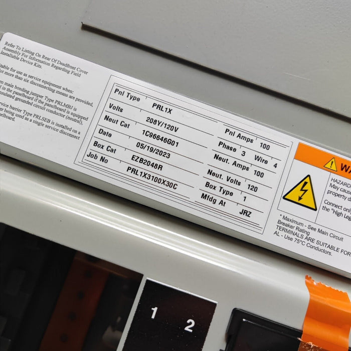 Panelboard EATON PRL1x, 100 AMP, 208Y/120V, 3PH/4W, 30Sp, NEMA 1, 48 Inch, PRL1X3100X30C
