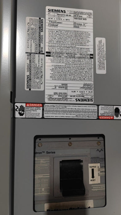 PANELBOARD SIEMENS, 400 AMP, 480Y/277V, MLO (w/ USED MAIN Breaker), 3PH/4W, 42Sp, Enclosure Cover, 68 Inch, P1E42MC400AT