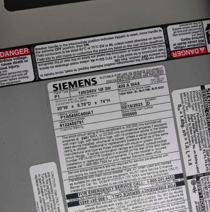 PANELBOARD SIEMENS, 400 AMP, 240V / 120V, MLO, 1PH/3W, 54Sp, SINGLE PHASE, NEMA 3R, 74 Inch, P1A54MC400AT