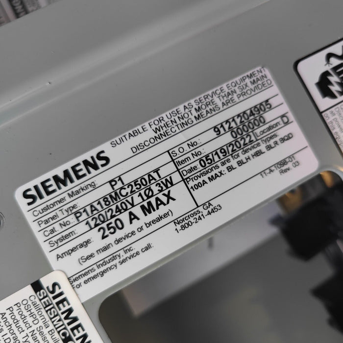 PANELBOARD SIEMENS, 250 AMP, 240/120V, 1PH/3W, SINGLE PHASE, 18Sp, NEMA 3R, 32 Inch, P1A18MC250AT