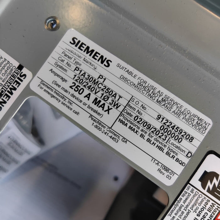 PANELBOARD SIEMENS, 250 AMP, 240/120V, 1PH/3W, 30Sp, SINGLE PHASE, NEMA 3R Outdoor, 38 Inch, P1A30MC250AT