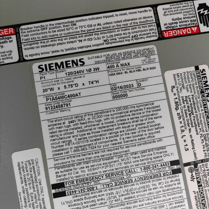 PANELBOARD SIEMENS, 400 AMP, 240/120V, MLO (w/ USED MAIN Breaker), 1PH/3W, 54Sp, NEMA 3R Outdoor Enclosure, 74 Inch, P1A54MC400AT