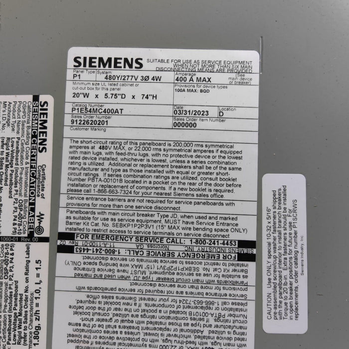 PANELBOARD SIEMENS, 400 AMP, 480Y/277V, MLO (w/ USED MAIN Breaker), 3PH/4W, 54Sp, Box + Cover, 74 Inch, P1E54MC400AT