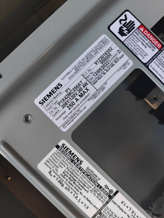 PANELBOARD SIEMENS, 250 AMP, 208Y/120V, 3PH/4W, 42Sp, NEMA 3R Outdoor, 44 Inch, P1X42MC250AT