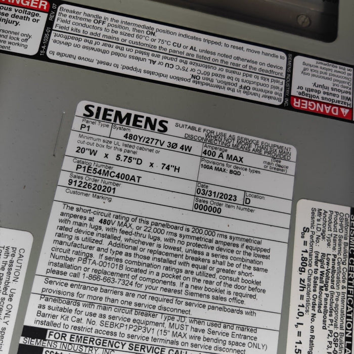 PANELBOARD SIEMENS, 400 AMP, 480Y/277V, MLO (w/ Used MAIN Breaker), 3PH/4W, 54Sp, NEMA 3R, 74 Inch, P1E54MC400AT