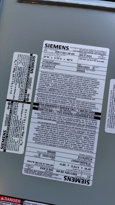 PANELBOARD SIEMENS, 400 AMP, 208/120V, MLO, 3PH/4W, 42Sp, Enclosure and Cover, 68 inch, P1X42MC400AT