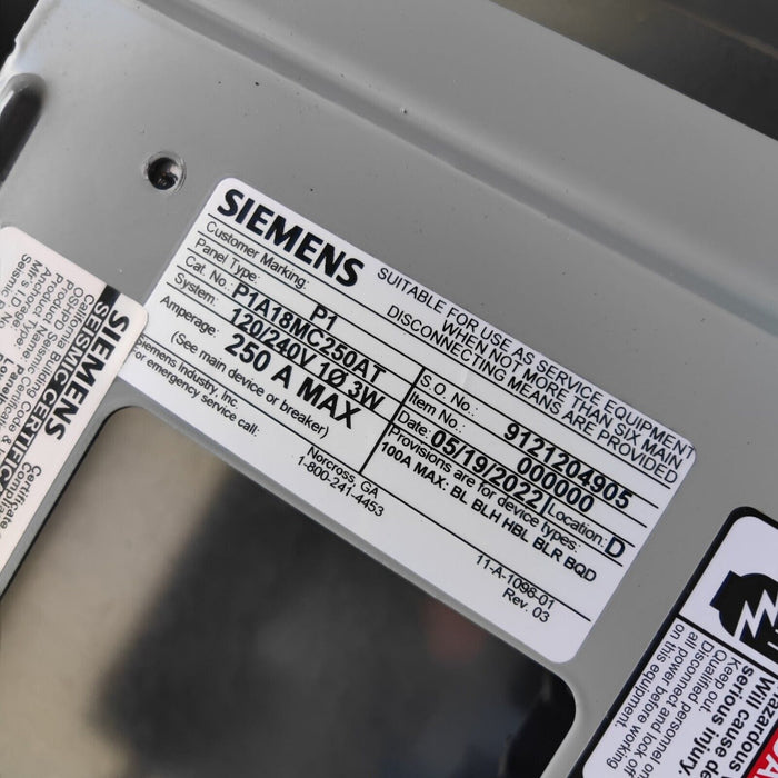 PANELBOARD SIEMENS, 250 AMP, 240/120V, 1PH/3W, 18Sp, SINGLE PHASE, NEMA 1 Indoor, 32 Inch, P1A18MC250AT