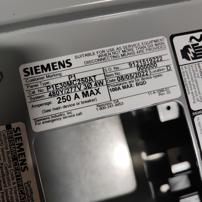 Panelboard SIEMENS, 250 AMP, 480Y/277V, 3PH/4W, 30Sp, NEMA 1 Indoor, 38 Inch, P1E30MC250AT