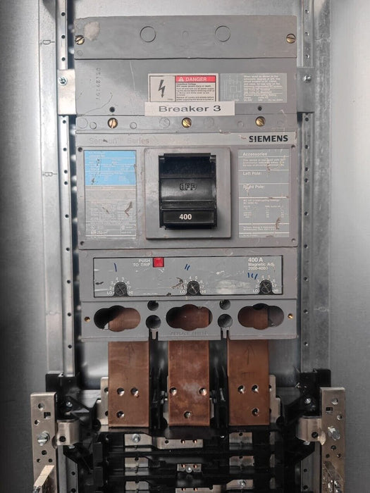PANELBOARD SIEMENS, 400 AMP, 480Y/277V, MLO (w/ USED MAIN Breaker), 3PH/4W, 30Sp, Enclosure Cover, 62 Inch, P1E30MC400AT