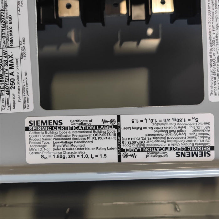 PANELBOARD SIEMENS, 250 AMP, 480/277V, MLO, 3PH/4W, 18Sp, NEMA 3R/12, 32 Inch, P1E18MC250AT