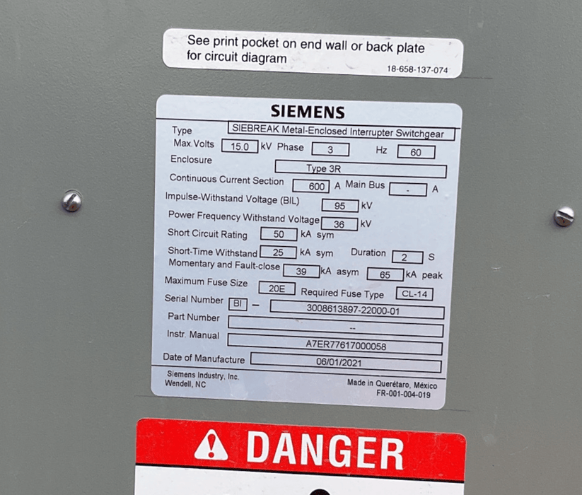 Switchgear SIEMENS, 600A, 15kv (Medium Voltage), MVSW-3, Siebreak Disconnect Switch, NEMA 3R