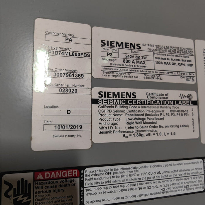 PANELBOARD SIEMENS P3, 800 AMP, 240V, MLO, 3PH/3W, 42Sp, Enclosure and Cover, 74 Inch, P3D74ML800FBS