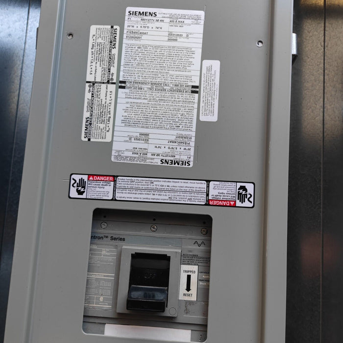PANELBOARD SIEMENS, 400 AMP, 208Y 120V, MLO (w/ USED MAIN Breaker), 3PH/4W, 54Sp, Box + Cover, 74 Inch, P1X54MC400AT