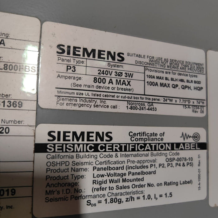 PANELBOARD SIEMENS P3, 800 AMP, 240V, MLO, 3PH/3W, 42Sp, Enclosure and Cover, 74 Inch, P3D74ML800FBS
