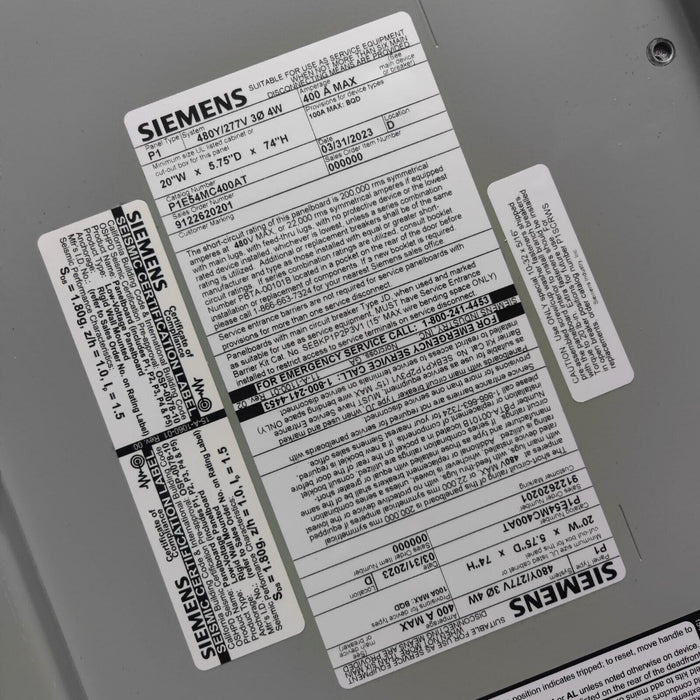 PANELBOARD SIEMENS, 400 AMP, 480Y/277V, MLO, 3PH/4W, 54Sp, Enclosure + Cover, 74 Inch, P1E54MC400AT