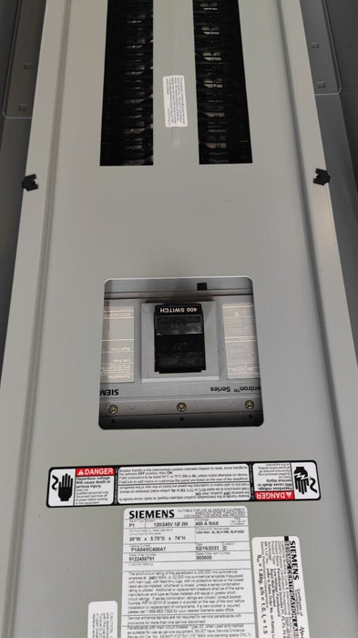 PANELBOARD SIEMENS, 400 AMP, 240/120V, MLO (w/ USED MAIN Breaker), 1PH/3W, 54Sp, NEMA 3R Outdoor Enclosure, 74 Inch, P1A54MC400AT