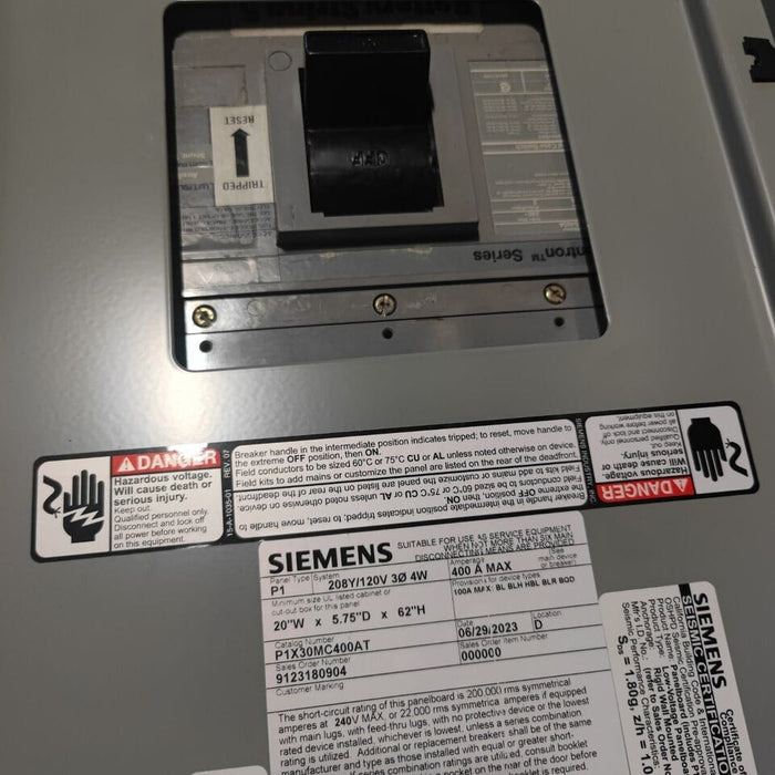 PANELBOARD SIEMENS, 400 AMP, 208Y/120V, 3PH/4W, 30Sp, (w/ USED Main Breaker), Nema 3R Outdoor, 62 Inch, P1X30MC400AT