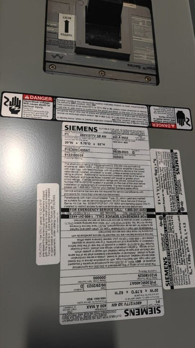 PANELBOARD SIEMENS, 400 AMP, 480Y/277V, 3PH/4W, 30Sp, (w/ USED Main Breaker), Nema 3R Outdoor, 62 Inch, P1E30MC400AT