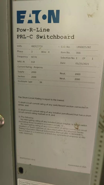 Switchboard/Panelboard EATON PRL4, 2000 AMP, 480Y/277V, 3PH/4W, NEMA 3R
