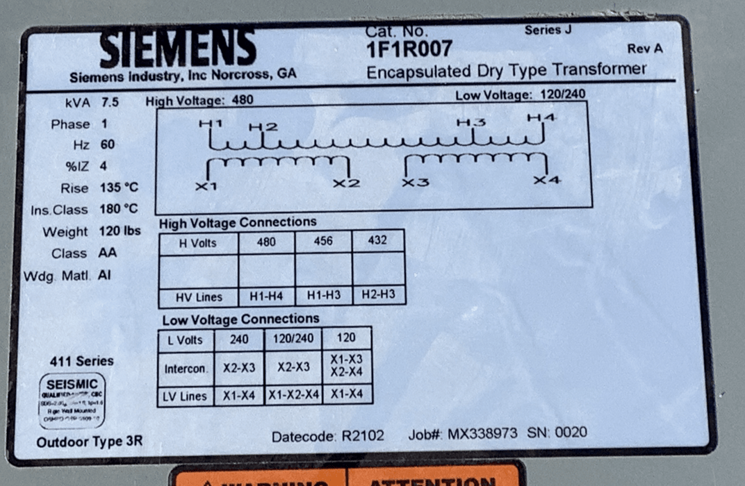 Transformer SIEMENS, 7.5 kVa, 480V, 240V/120V, NEMA 3R, 1F1R007