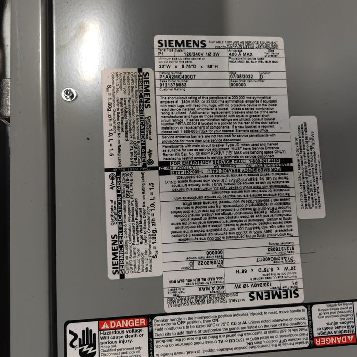 Panelboard SIEMENS, 400 AMP, 240V 120V, MLO, 1PH/3W, 42Sp, SINGLE PHASE, NEMA 3R Enclosure, 68 inch P1A42MC400CT