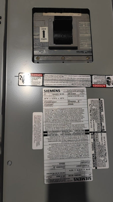 PANELBOARD SIEMENS, 400 AMP, 240V/120V, 1PH/3W, 30Sp, (w/ USED Main Breaker), Nema 3R Outdoor, 62 Inch, P1A30MC400AT