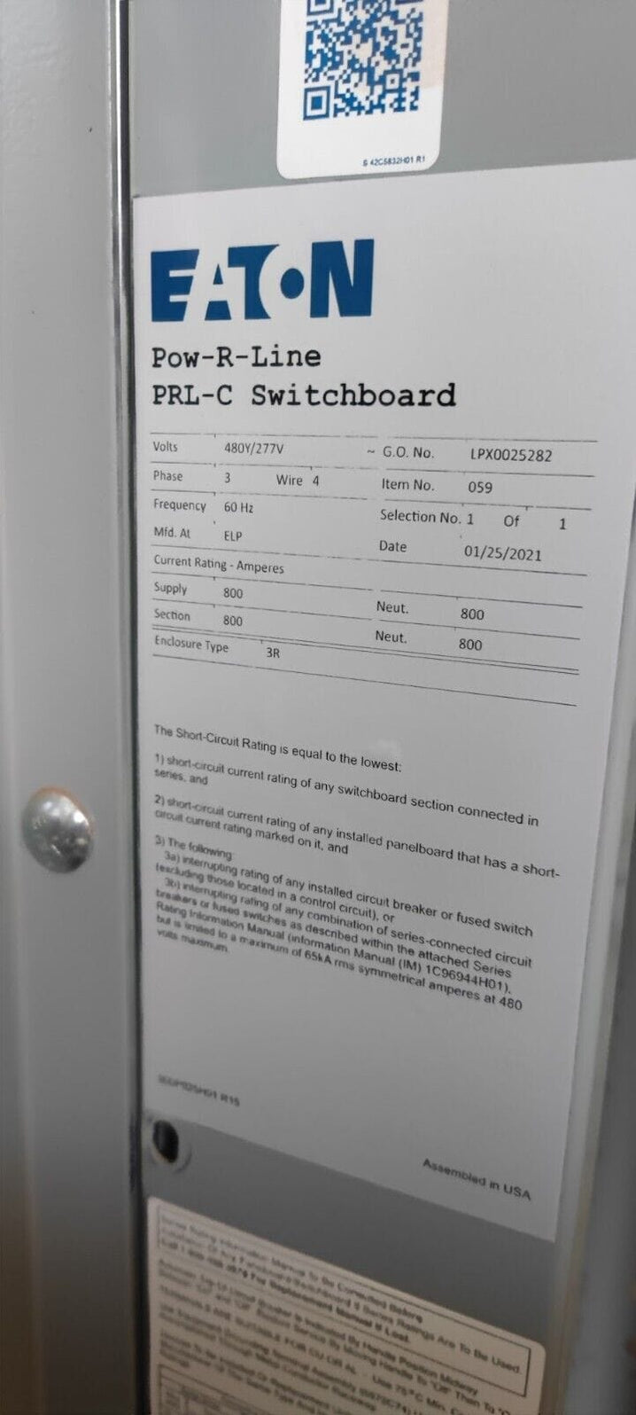 Switchboard/Panelboard EATON POW-R-LINE PRL-C, 800 AMP, 480Y/277V, 3PH ...