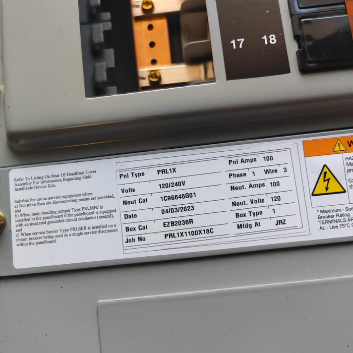 PANELBOARD EATON PRL1x, 100 AMP, 240V/120V, 1PH/3W, 18Sp, NEMA 3R, 36 inch, PRL1X1100X18C