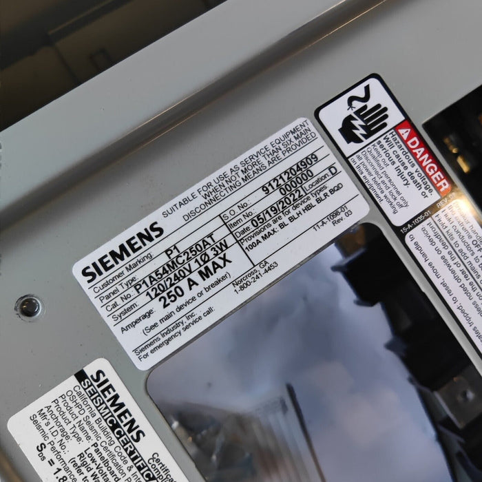 PANELBOARD SIEMENS, 250 AMP, 240/120V, MLO, 1PH/3W, 54Sp, SINGLE PHASE, NEMA 3R Outdoor Enclosure, 50 Inch, P1A54MC250AT