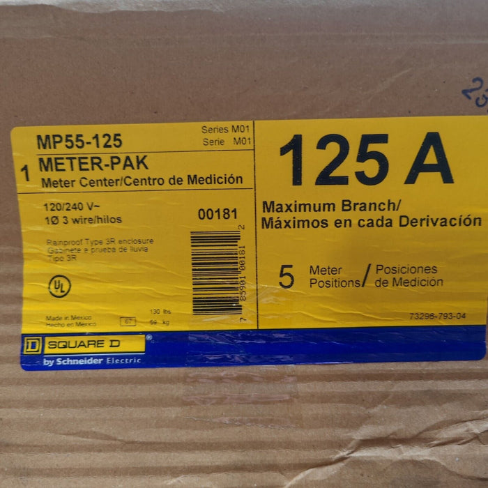 Meter Box Square D MP55125, Meter Center, Five Sockets, No Bypass, 4 Jaws, 500A Bus, 125A Max Rating, Ringed