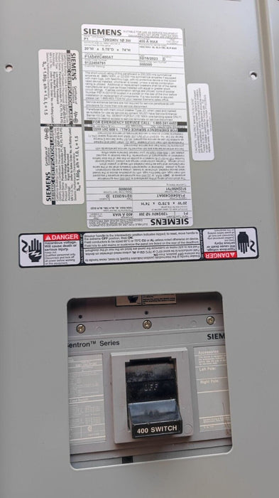 PANELBOARD SIEMENS, 400 AMP, 240/120V, MLO (w/ USED MAIN Breaker), 1PH/3W, 54Sp, NEMA 1 Indoor, 74 Inch, P1A54MC400AT