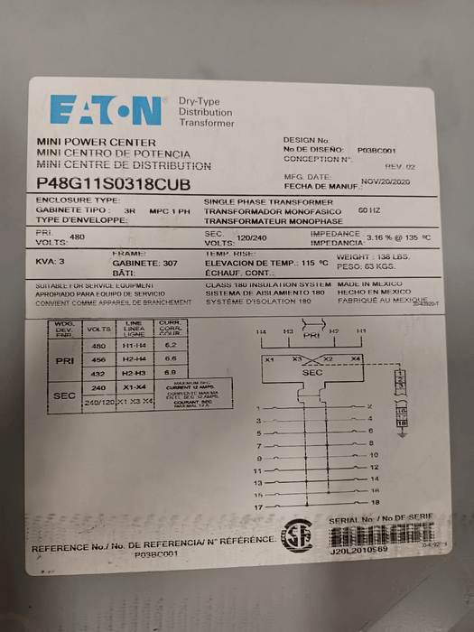 Transformer EATON MiniPower Center, 3kVA, 480V, 120/240V, NEMA 3R, P48G11S0318CUB