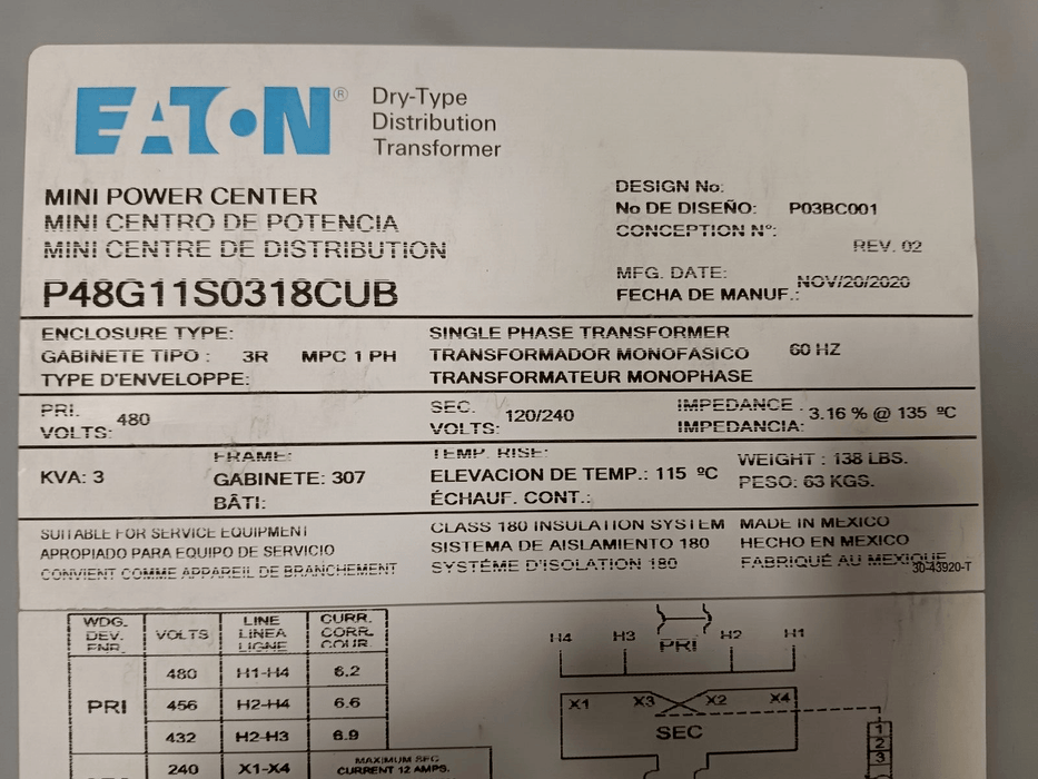 Transformer EATON MiniPower Center, 3kVA, 480V, 120/240V, NEMA 3R, P48G11S0318CUB