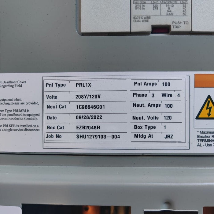 Panelboard EATON PRL1x, 100 AMP, 208Y/120V, 3PH/4W, MLO, 30Sp, NEMA 1, 48 Inch, PRL1X3100X30A